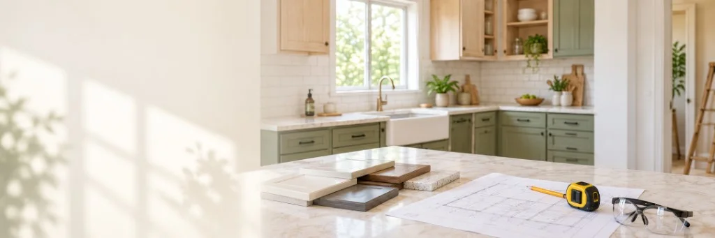 Kitchen remodel planning on an island with samples, drawings, and a tape measure