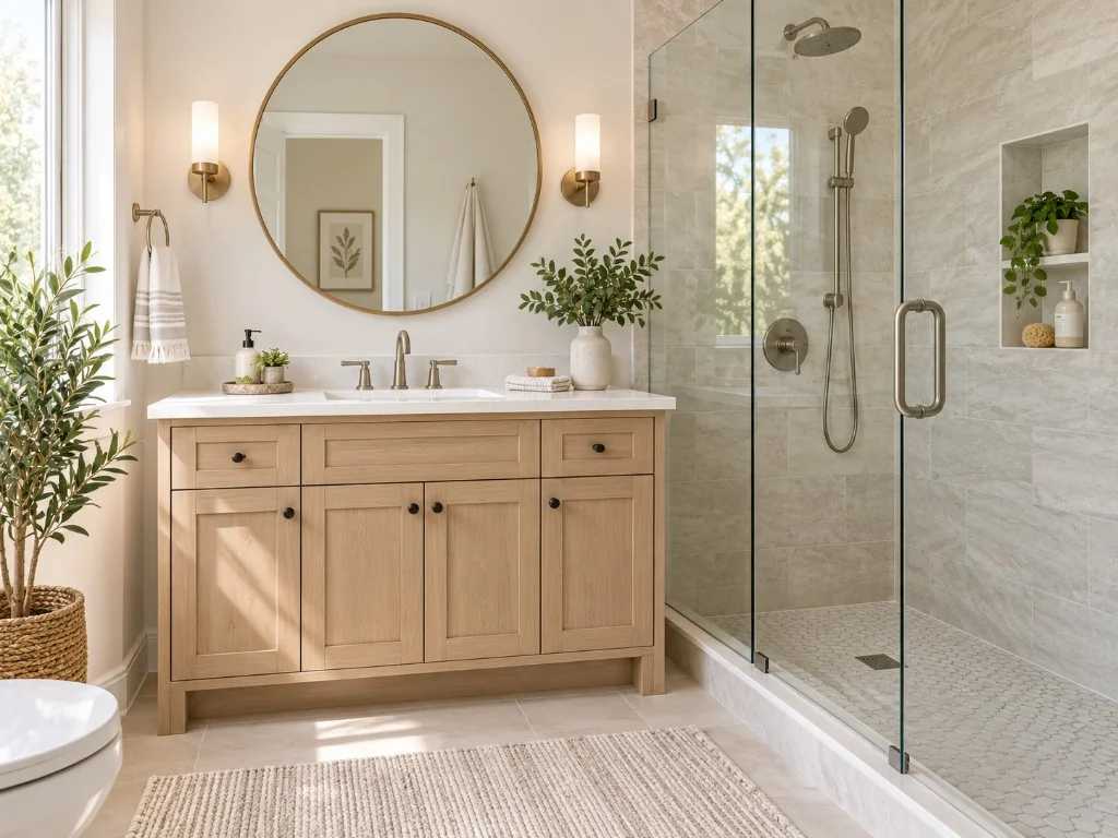 Bright remodeled bathroom with a wood vanity and glass shower
