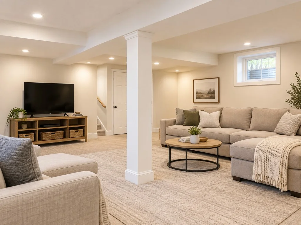 Finished basement living room with a sectional sofa