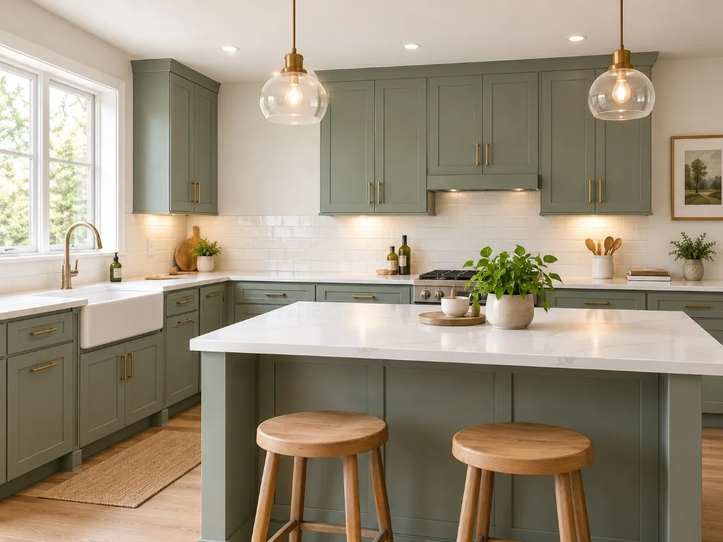 Finished sage-green kitchen with a white island